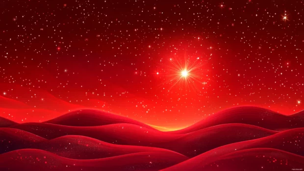 Gentle waves of crimson light surrounding a red star, whispering the fire of vivid red starry sky background.