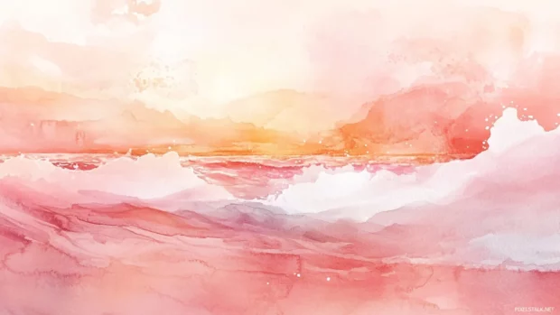 Gentle waves reflecting warm hues, a sunset beach watercolor background for peaceful desktops.