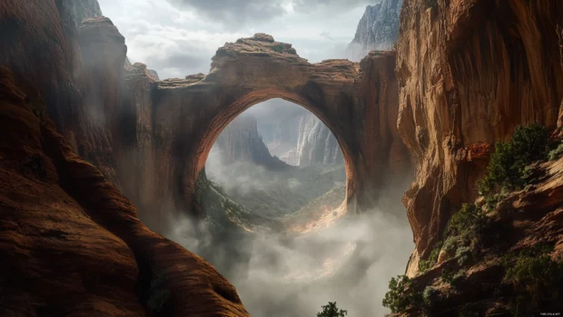 Geometric framing enhances the mystery of Foggy canyon.