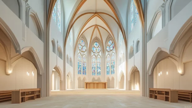 Geometric framing enhances the mystery of Gothic cathedral.