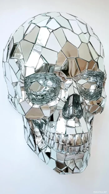 Geometric skull made of shattered mirror panels.