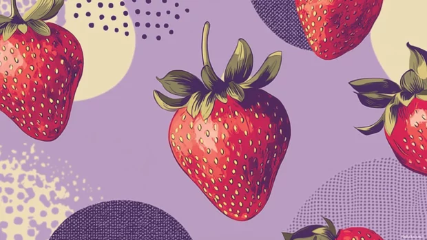 Geometric strawberry pattern with pastel colors and shapes on muted purple background.