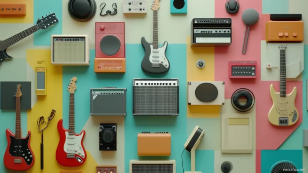 Geometric tile design featuring stylized guitars, microphones, and headphones in a harmonious color palette, capturing the essence of modern music aesthetics.