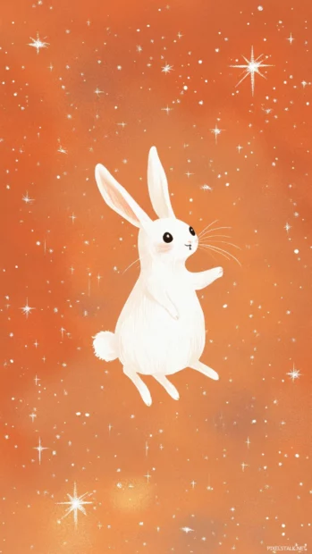 Ghost bunnies hop between stars and sparkles across a muted orange background.