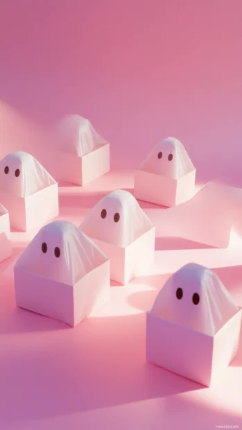Ghost faces peek from inside gift boxes lined up on a gradient pink wallpaper.