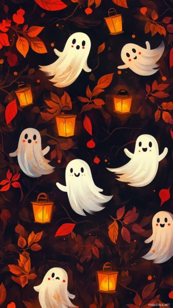 Ghost iPhone Wallpapers pattern where happy ghosts hold lanterns and float over autumn leaves.