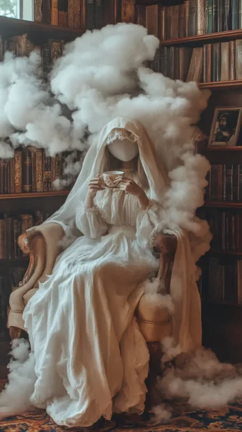 Ghost in vintage clothing sips tea while sitting on a cloud library.
