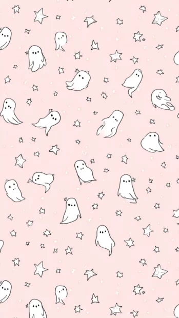 Ghost pattern for Aesthetic Ghost iPhone Wallpapers with pastel pink background and doodle style stars and pumpkins.