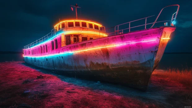 Ghost ship outlined in faint neon lights.