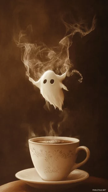 Ghost with a sleepy expression floats above a cup of hot cocoa in soft brown tones.