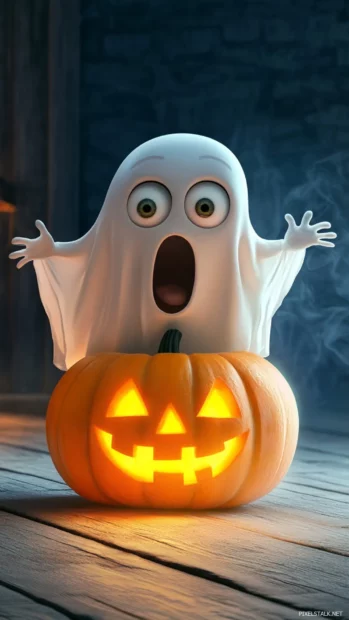 Ghost with wide surprised eyes hides behind a floating jack o lantern.