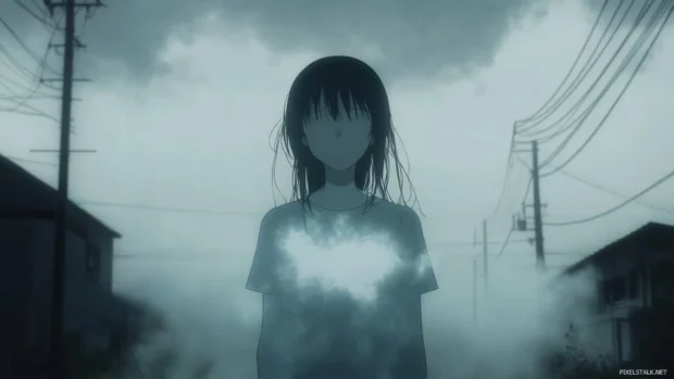 Ghostly anime figure fading into fog.