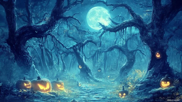 Ghostly forest scene lit by moonlight, perfect for Halloween PC Wallpapers.