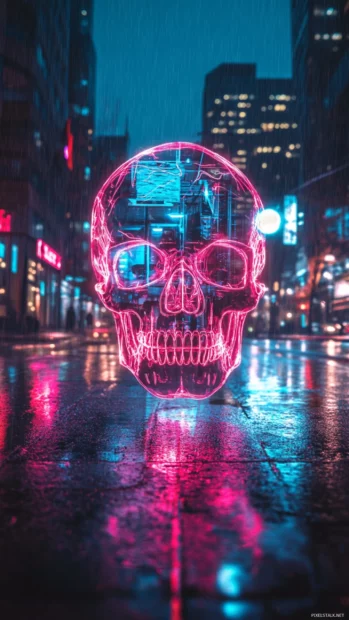 Ghostly neon skull drifting through rainy street.