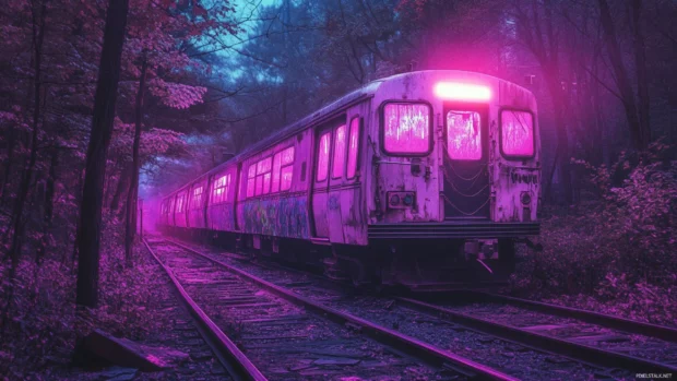 Ghostly neon train passing through dead city.