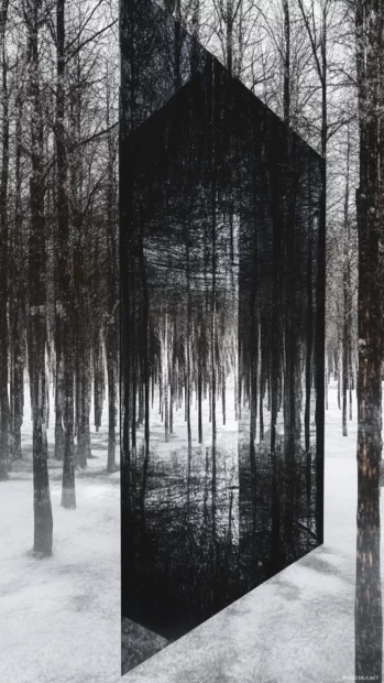 Ghostly reflections echo through a black glass forest in a silent trippy vision.