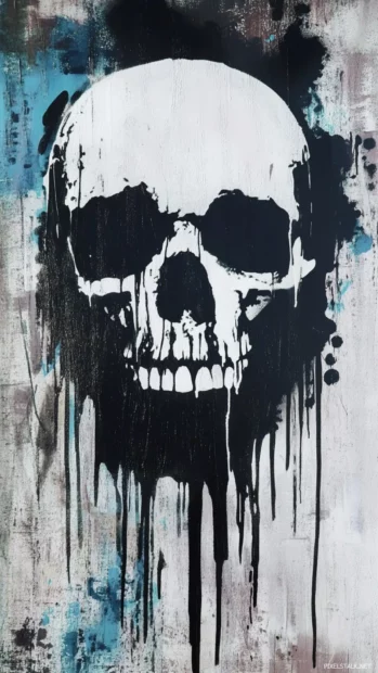 Ghostly skull shadow behind soft dripping graffiti tags.