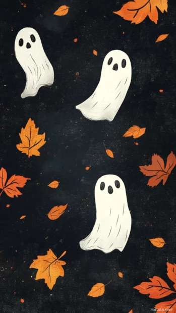 Ghosts drawn in crayon textures floating with autumn leaves in cozy vertical design.