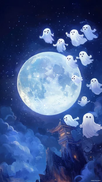 Ghosts giggling and waving fly around a candy shaped moon.