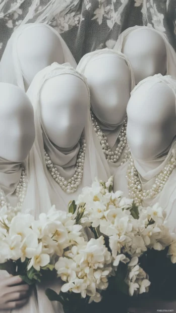Ghosts holding flowers and wearing pearl necklaces appear in gentle rows.