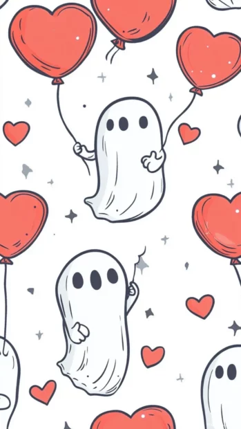 Ghosts holding heart balloons in a seamless pattern make a perfect Cute Ghost Wallpapers design.
