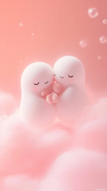 Ghosts hugging plush toys float on soft pink gradients in dreamy vertical layout.