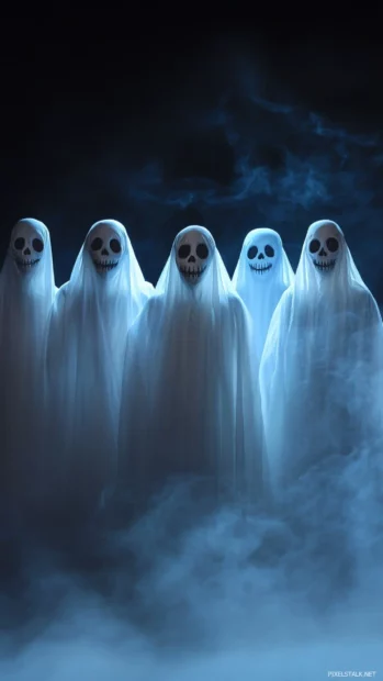 Ghosts line up in formation, each with a different quirky expression.