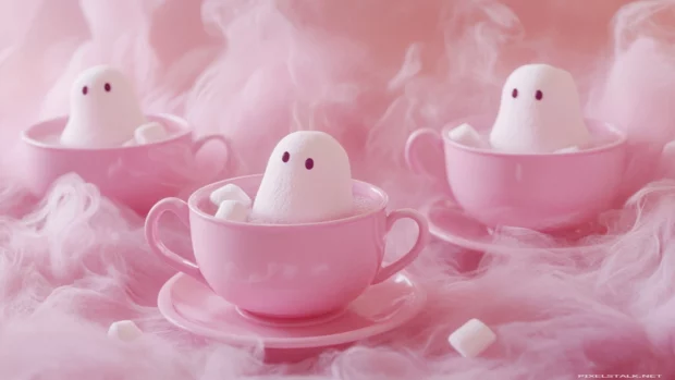 Ghosts peeking from pink teacups filled with marshmallows in a dreamy scene.