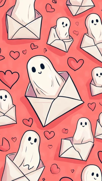Ghosts popping out of envelopes and waving happily in a heart filled repeat grid.
