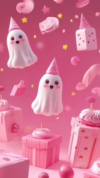 Ghosts wearing party hats float around pink gift boxes and cake slices in this Pink Ghost Wallpapers theme.