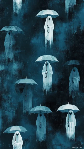 Ghosts with umbrellas floating in gentle rain in seamless elegant symmetry.