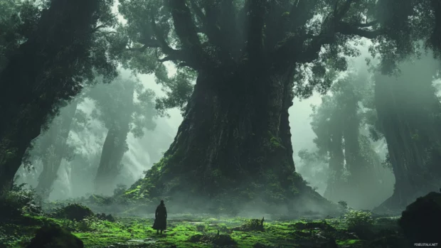 Giant ancient trees rise from the mossy floor of a forest cathedral.