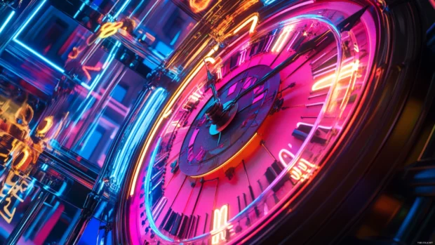 Giant clock with spinning neon time loops.