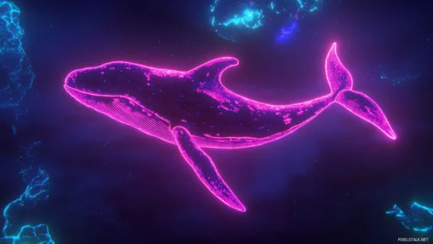Giant dark neon whale swimming across night sky.