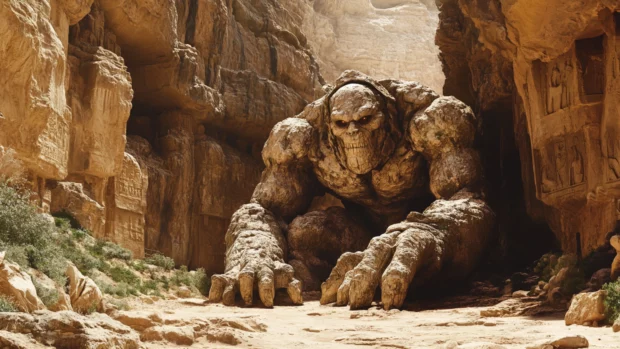 Giant golem resting in a canyon filled with ancient carvings.