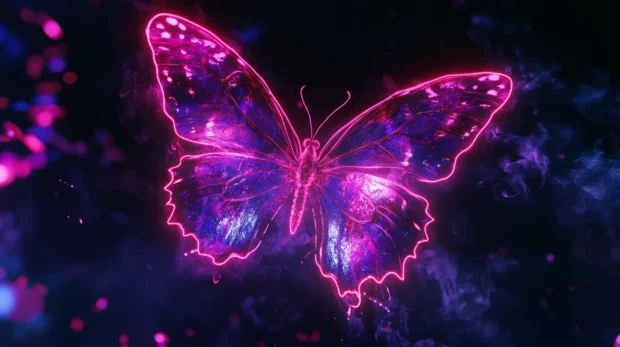 Giant neon butterfly fluttering through black mist.