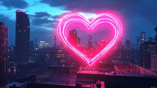 Giant neon heart hovering above city rooftops.