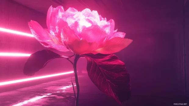 Giant neon pink flower blooming in void.