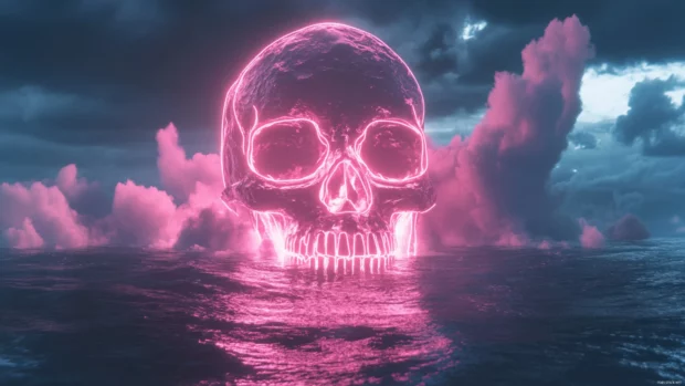 Giant neon skull emerging from stormy ocean.
