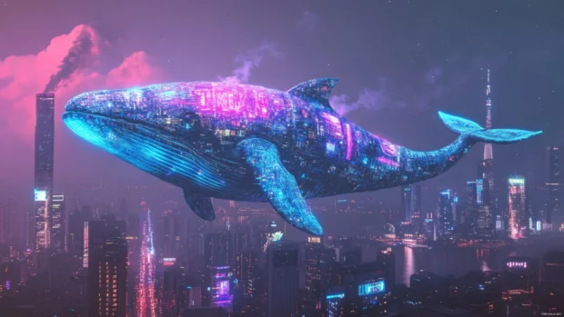Giant neon whale floating over futuristic city.