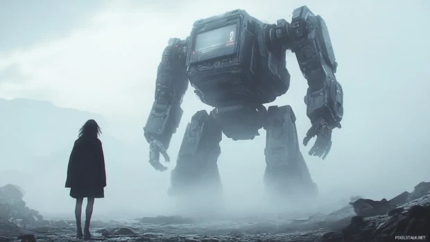 Giant robot in a dystopian battlefield in stunning detail, anime fan art wallpaper for PC.