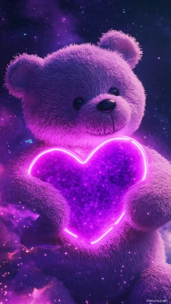 Giant teddy bear hugging a neon purple heart, Purple galaxy aesthetic neon art.