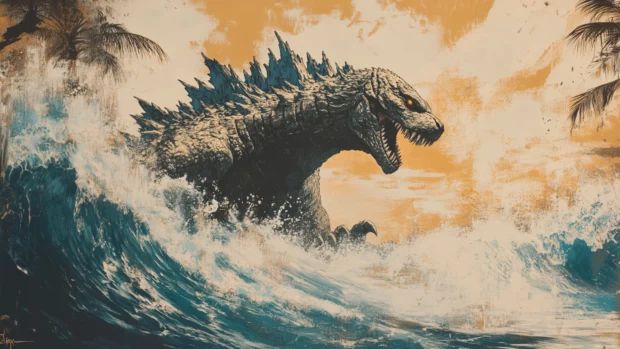 Giant wave crashes behind Godzilla emerging from the bay.