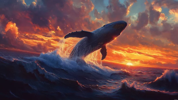 Giant whale breaching the surface of the ocean at dawn.
