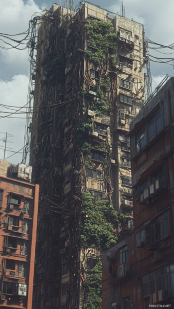 Giant wires twist like vines around forgotten apartment towers.