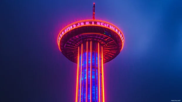 Gigantic neon tower rising through stormy night.