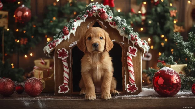 Gingerbread house setting with a Christmas puppy, best choice for holiday themed dog wallpapers.