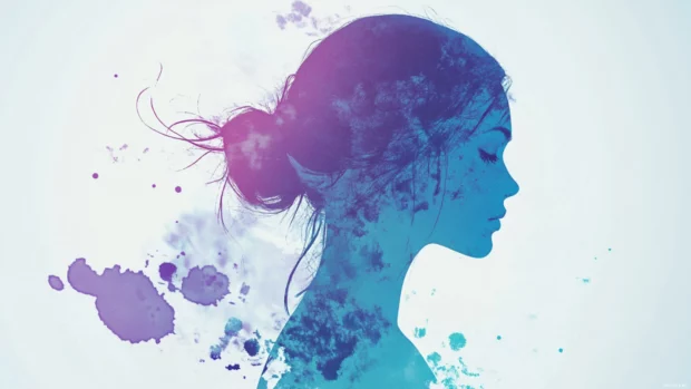Girl silhouette traced in lilac and cyan layered sprays.