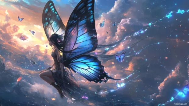 Girl with butterfly wings in a fantasy world in stunning detail, anime character desktop wallpaper.