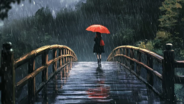Girl with umbrella crossing a wooden bridge in the rain, anime sketch style.